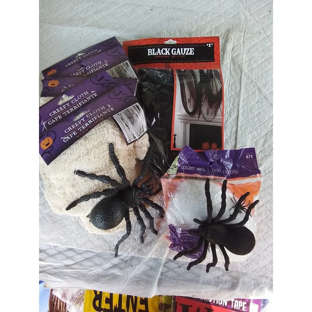 Halloween Decor Lot Creepy Cloth Black Gauze Spider Web and Large Spiders Bundle